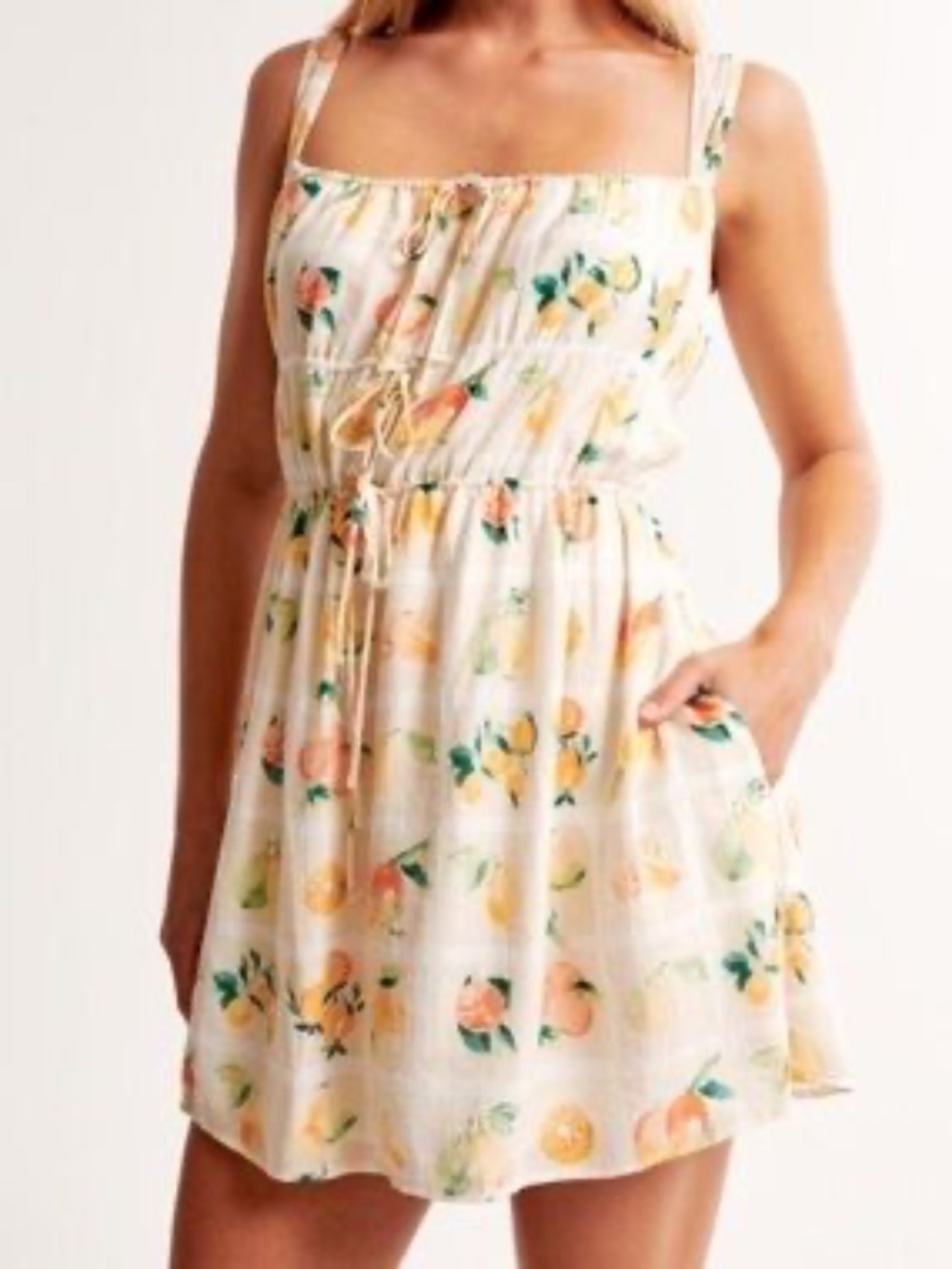Abercrombie & Fitch Fruit Print Tie Front Mini Dress Cream Peach Lemon Large - Picture 7 of 7